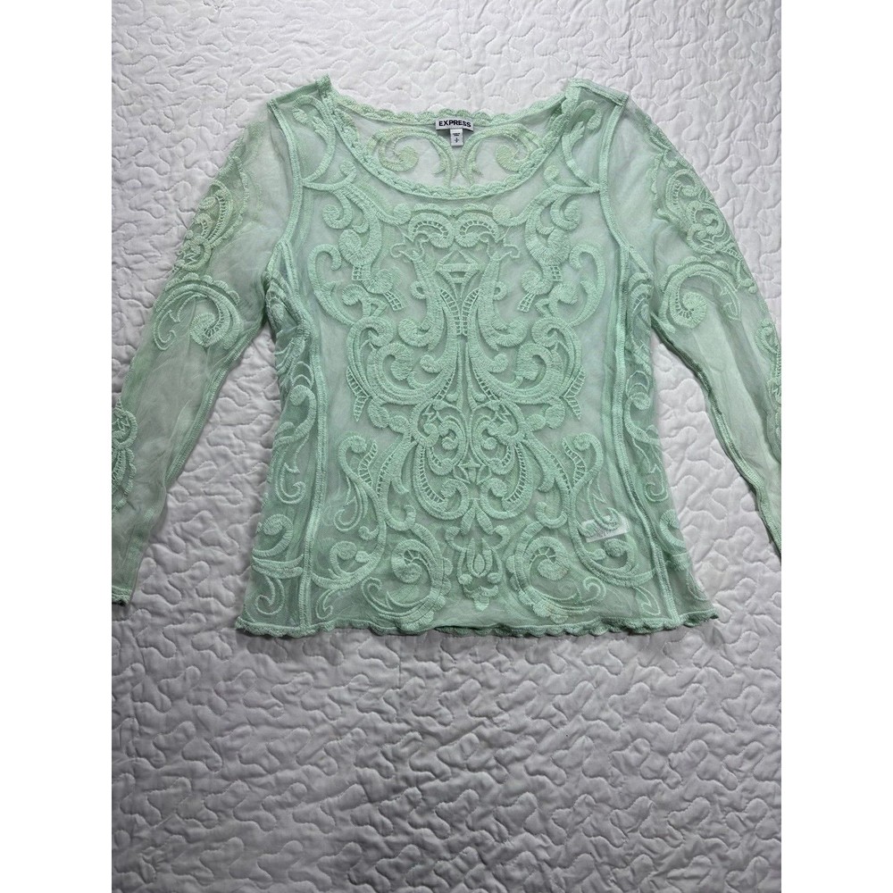 Express Pastel Green Sheer Lace Embroidered Long Sleeve Blouse size small